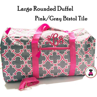  FOR HER Monogrammed Large Rounded Duffel -Pink/Gray Bristol Tile - FREE SHIP/Tween Gift/Grad Gift/ Travel Set/Gift for Her/Dance Bag/Cheer Gift/Bat Mitzvah Gift/Flower Girl Gift