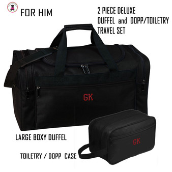 FOR HIM Monogrammed 2 Piece Deluxe Travel XL Boxy Duffle & Dopp Kit Set-Black-Free Ship-Men's Travel Gift/Groomsmen Gift /Father's Day/Grad Gift/Team gift/Athlete Gift