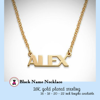 FOR HER/GROUPS- 18K Gold Plated Sterling Block Name Customized Necklace-Free Ship/Grad Gift/Bridesmaid Gift/Cheer Squad/Tween Gift/Team Gift