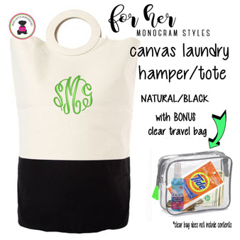 FOR HER Monogrammed Circle Handle Canvas Deluxe Laundry Bag -Natural/BLACK /Free Ship/Ladies' Travel /Grad Gift/Gift for Her/Laundry Bag