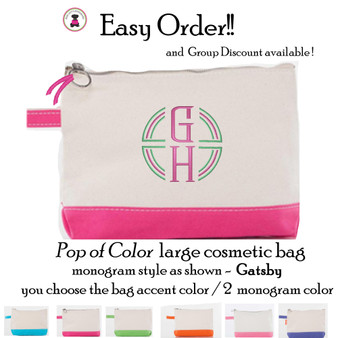 FOR HER Easy Order Pop of Color Canvas Cosmetic Bag-Gatsby-FREE SHIP/Tween/Summer Camp/Grad Gift/Gift for Her/Team Gift/Flower Girl
