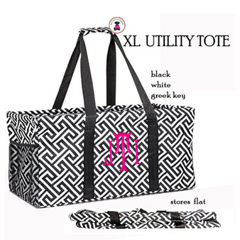 FOR HER Monogrammed XL Utility Tote / Trunk Organizer - Black and White Greek Key- Folds Flat /  FREE SHIP/Bride Gift/Grocery Tote /Grad Gift/Picnic Tote/Beach Tote/Car organizer