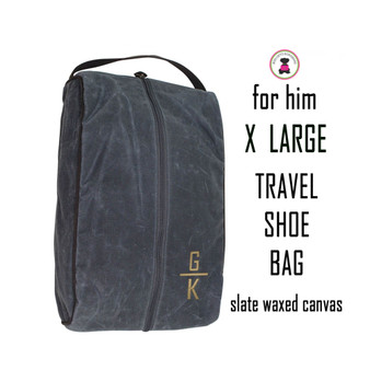 Group Discount-FOR HIM Monogrammed Waxed Canvas Deluxe X Large Shoe Bag-SLATE /Free Ship/Men's Travel/Groomsmen Gift /Father's Day/Grad Gift