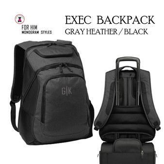 FOR HIM Monogrammed Exec Laptop Backpack-Gray Heather/Black-FREE Ship-Groomsmen Gift /Father's Day Gift/Grad Gift/Backpack Travel/School Bag
