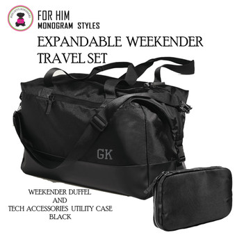 FOR HIM Monogrammed 2 Piece Deluxe Travel XL Duffle & Tech Accessories  Utility Case Set-Black-Free Ship-Men's Travel Gift/Groomsmen Gift /Father's Day/Grad Gift
