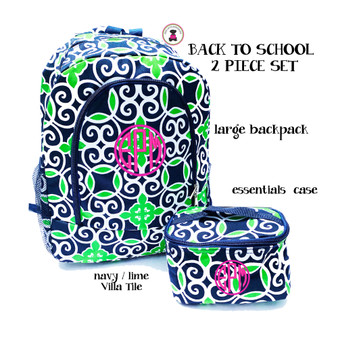 FOR HER Back to School Monogrammed 2 Piece Set-Navy/Lime Villa Tile-Free Ship/Tween Backpack/Birthday/Travel Backpack/Weekend Backpack/School