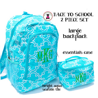 FOR HER Back to School Monogrammed 2 Piece Set-Bright Aqua Seaside Tile-Free Ship/Children Backpack/Birthday/Travel Backpack/Weekend Backpack/School