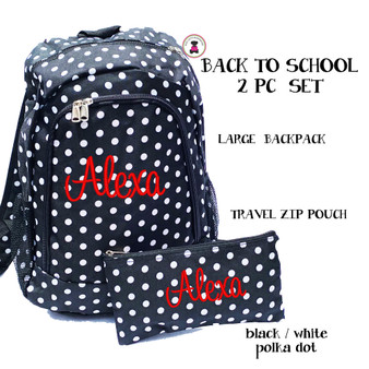 FOR HER  -Back to School Monogrammed 2 Piece Set- Black/White Polka Dot-Free Ship/Tween Backpack/Girl Birthday/Travel Backpack/Weekend Backpack/School