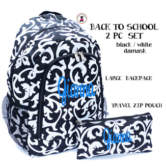 FOR HER Back to School Monogrammed 2 Piece Set- Black/White Damask-Free Ship/Tween Backpack/Girl Birthday/Travel Backpack/Weekend Backpack/School
