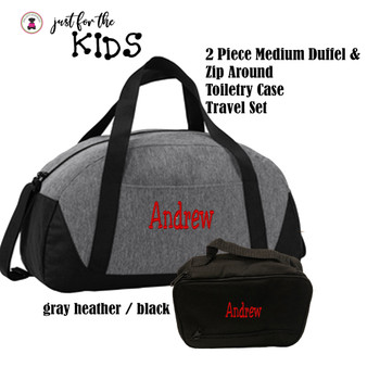 Kids' Monogrammed  2 Piece Weekender Travel Set-Gray/Black-Free Ship/Kids Travel/Overnight Travel/Grandchild Travel Set/Ring Bearer Gift
