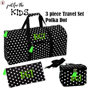 Kids' Monogrammed  3 Piece Weekender Travel Set-Polka Dot-Free Ship/Kids Travel/Overnight Travel Set/Grandchild Travel Set/Kids' Luggage