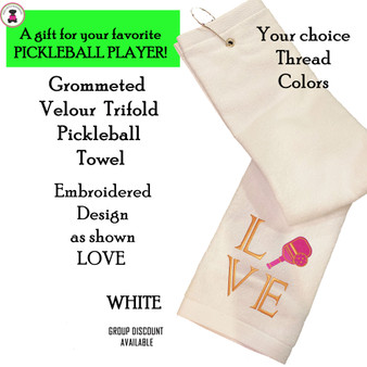 Pickleball Custom Design-FOR HER Cotton Velour Grommeted Trifold Towel w LOVE Design-White-Free Ship-Pickleball Team Gift/Player Gift/Sport