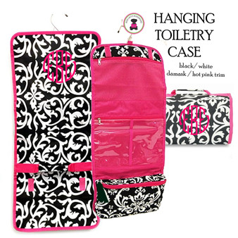 FOR HER Monogrammed Hanging Cosmetic / Toiletry  Bag -Black/White w Hot Pink Trim Damask - FREE SHIPPING//Travel Gift/Grad Gift/Bat Mitzvah/Girl Travel Bag /Hanging Toiletry for Travel/Bridesmaid Gift 