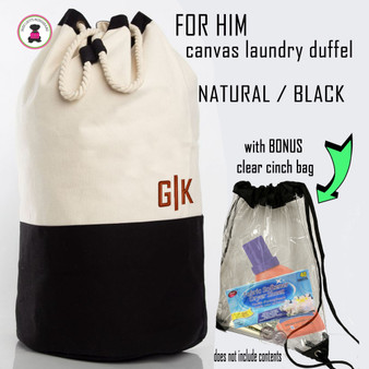 FOR HIM Monogrammed Canvas Deluxe Laundry Drawstring Duffel-Natural/Black /Free Ship/Men's Travel /Grad Gift/Groomsmen Gift /Father's Day/Laundry Bag