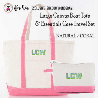 FOR HER Large Natural/Coral Boat Tote & Essentials Case Travel Set w Shadow Monogram-FREE SHIP/Grad Gift/Bridesmaid Gift/ Bride Gift/Mom Gift/Teacher