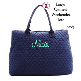 FOR HER Monogrammed Weekender - Large Quilted Tote - NAVY - FREE SHIP/Group Discount/Gift for Her/Weekender Tote/Grad Gift/Cheer Gift / Dancer Gift 