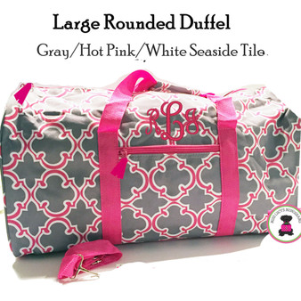 FOR HER Monogrammed Large Canvas Rounded Duffle -Gray/Hot Pink/White Seaside Tile- FREE SHIP/Tween Gift/Grad Gift/ Travel Set/Gift for Her/Dance Bag/Cheer Gift/Bar Mitzvah Gift/Flower Girl Gift 