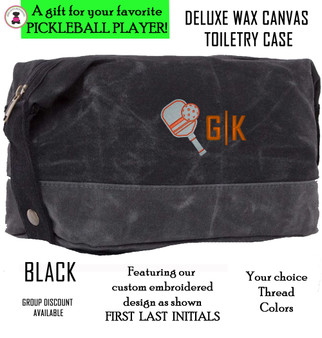 Pickleball Custom Design FOR HIM -First/Last Initial - Deluxe Waxed Canvas Dopp Kit / Toiletry Case- Black - Free Ship-Pickleball Team Gift/Pickleball Player Gift