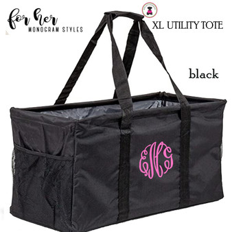 FOR HER Monogrammed XL Utility Tote / Trunk Organizer - Black - Folds Flat / FREE SHIP/Bride Gift/Grocery Tote /Grad Gift/Picnic Tote/Beach Tote/Car organizer/Tailgate Tote