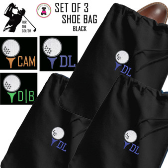 For the Golfer - Monogrammed Set of 3 Shoe Bags for Travel with Golf Design 1  - Black - FREE SHIP / Men's Travel /Men's Shoe Bag/Groomsmen Gift /Father's Day Gift/Grad Gift/Golfer Gift/Golf Team Gift