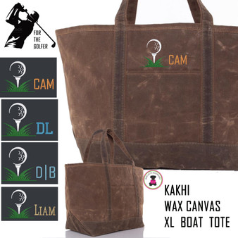 For the Golfer -Large Waxed Canvas Deluxe Boat Tote with Golf Design 2 - Kakhi  - FREE SHIP -Groomsmen Gift/Father's Day Gift/Grad Gift/Gift for Him/Group Discount /Golf Trip/Golfer Gift/