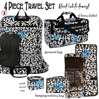  FOR HER Monogrammed 4 Piece Travel Set with Boxy Duffel - Black/White Damask- FREE SHIP / ladies' Travel Set/Gift for Her/Bridesmaid Gift/Flower Girl Gift/Dancer Gift/Grad Gift