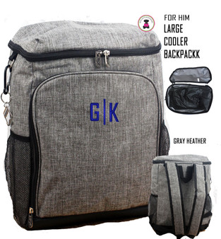 FOR HIM Monogrammed Large Insulated Cooler Backpack-Gray Heather-Free Ship/Group Gift/Teacher Gift/Insulated Tote/Groomsmen Gift/Picnic Tote