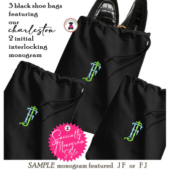 Shoe Bag Set of 3 FOR HER with CHARLESTON Specialty Monogram-Black-Free Ship.Travel Gift Her.Bridesmaid Gift.Grad Gift.Cheer Gift.Dancer Shoe Bag