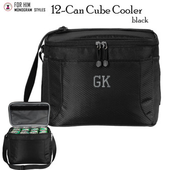 12 Can Cooler Lunch Tote w FOR HIM 2 Initial Athletic Font Monogram-Black-Free Ship-Groomsmen Gift.Boat Cooler.Teacher Cooler.Coach Gift.Golfer Travel Lunch Cooler