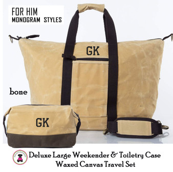FOR HIM Monogrammed Deluxe Waxed Canvas Weekender Tote and Dopp Kit Travel Set-Bone-Free Ship/Men's Travel/Groomsmen/Father's Day/Grad Gift