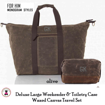 Deluxe Waxed Canvas Weekender Tote & Dopp Kit Travel Set FOR HIM with Monogram-Olive-Free Ship/Men’s Travel/Groomsmen/Father’s Day/Grad Gift