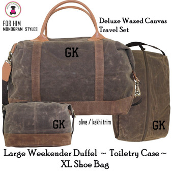 FOR HIM-Deluxe 3 pc Travel Set w Monogram-Waxed Canvas-Olive/Kakhi Trim-Free Ship-Men's Travel/Men's Duffel/Groomsmen/Father's Day/Grad Gift