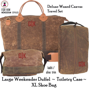 FOR HIM-Deluxe 3 pc Travel Set w Monogram-Waxed Canvas-Kakhi / Olive Trim-Free Ship-Men's Travel/Men's Duffel/Groomsmen/Father's Day/Grad Gift