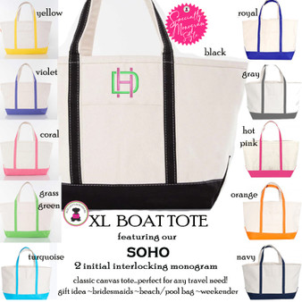 XL Boat Tote w SOHO Specialty Monogram-Free Ship.Bridesmaid Tote.Boat Tote.Grad Gift.Mom Gift.Beach Tote.Weekender.Cruise Tote.Travel Tote