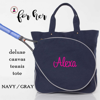 FOR HER Monogrammed Navy Canvas Tennis Tote -Free Ship/Grad Gift/Tennis Player/Tennis bag/Tennis team/Sport Gift/Tennis Racquet Bag