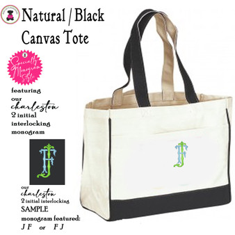 Large Canvas Tote w CHARLESTON Monogram-Natural/Black-Free Ship.Bridesmaid Tote.Day Tote.Grad Gift.Mom Gift.Beach Tote.Book Tote.Travel Tote