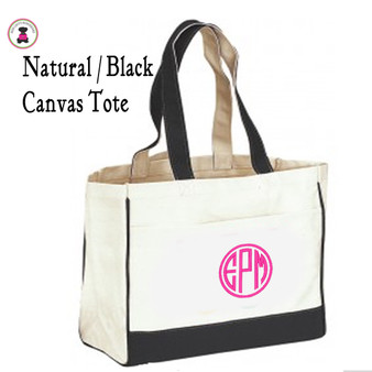 Large Canvas Tote w Monogram-Natural/Black-Free Ship.Bridesmaid Tote.Day Tote.Grad Gift.Mom Gift.Beach Tote.Book Tote.Travel Tote
