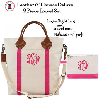 Travel Set w Monogram-2 Piece-Tote/Travel Case-Hot Pink/Natural-Leather & Canvas-Free Ship.Tote Travel Set.Bridesmaid Gift.Grad Gift.Flight Bag
