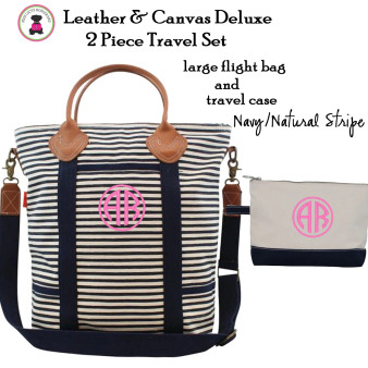 Travel Set w Monogram-2 Piece-Tote/Travel Case-Navy/Natural Stripe-Leather & Canvas-Free Ship.Tote Travel Set.Bridesmaid Gift.Grad Gift.Flight Bag