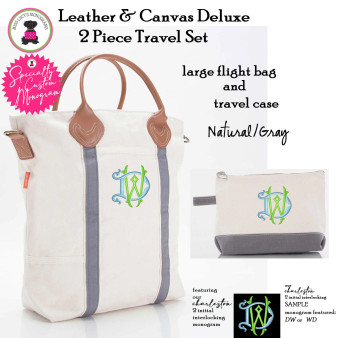Flight Tote Set w CHARLESTON Monogram-Gray /Natural-Leather & Canvas Tote Set-Free Ship.Tote Travel Set.Bridesmaid Gift.Grad Gift.Flight Bag