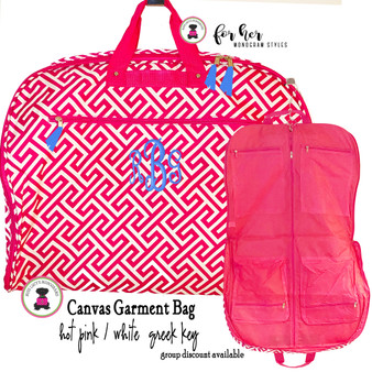 FOR HER Monogrammed Canvas Garment Bag - Hot Pink & White Greek Key  - FREE SHIP/Garment Bag / Monogrammed Garment Travel Bag/Teen Dress Bag/Dress Bag/Dancer Garment Bag /Flower Girl/Bat Mitzvah  