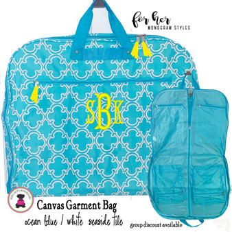 FOR HER Monogrammed Canvas Garment Bag - Ocean Blue and White Seaside Tile - FREE SHIP/Group Discount/Gift for Her/Suit Garment/Grad Gift/Cheer Gift / Dancer Gift  