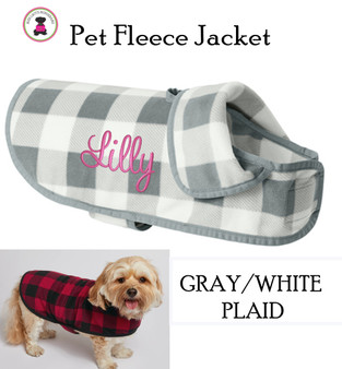 Monogrammed Pet's Lightweight MicroFleece  Jacket -Gray / White Buffalo Plaid -FREE SHIP/Gift for Pet / Dog Walking Jacket / Dog Walk Jacket / Fleece Dog Jacket / Plaid Pet Jacket / Pet Owner Gift 