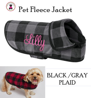 Monogrammed Pet's Lightweight MicroFleece Jacket -Black / Gray Buffalo Plaid -FREE SHIP/Gift for Pet / Dog Walking Jacket / Dog Walk Jacket / Fleece Dog Jacket / Plaid Pet Jacket / Pet Owner Gift 