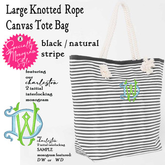 Large Knotted Tote w CHARLESTON Specialty Monogram-Black / Natural Stripe Free Ship.Bridesmaid Tote.Boat Tote.Grad Gift.Mom Gift.Beach Tote.Weekender.Cruise Tote.Travel Tote