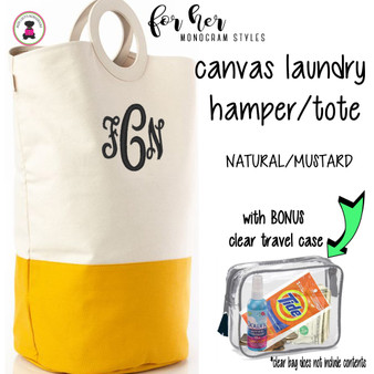 FOR HER Monogrammed Circle Handle Canvas Deluxe Laundry Bag -Natural/MUSTARD /Free Ship/ Ladies' Travel / Grad Gift/ Gift for Her/ Dorm Life / Laundry Bag