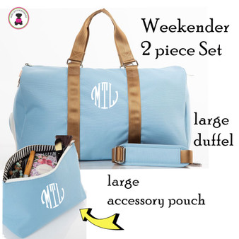 FOR HER Monogrammed Travel Set-2 Piece Sky Blue Weekender Set. Free Ship.Duffel Travel Set.Flower Girl Gift.Grad Gift.Bat Mitzvah Gift.Vacation Travel.Overnight Travel