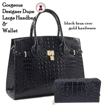 Designer Look Faux Croc Handbag -Top Handle with Shoulder Strap- Black Faux Croc Handbag and Wallet Set. Free Ship. Ladies' Bag. Gift Set.Large Handbag. Designer Dupe Handbag.