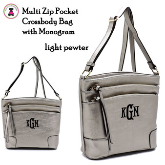 Multi Zip Compartment Crossbody w Monogram-Light Pewter-Free Ship.Gift for Her.College Crossbody.Personalized Handbag.Teenage Crossbody.Vegan Bag. Ladies' Bag.Shoulder Handbag