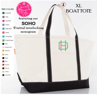 X Large Canvas Boat Tote with SPECIALTY MONOGRAM -SOHO-Free Ship.Bridesmaid Tote.Boat Tote.Grad Gift.Mom Gift.Beach Tote.Weekender Tote.Cruise Tote.Travel Tote